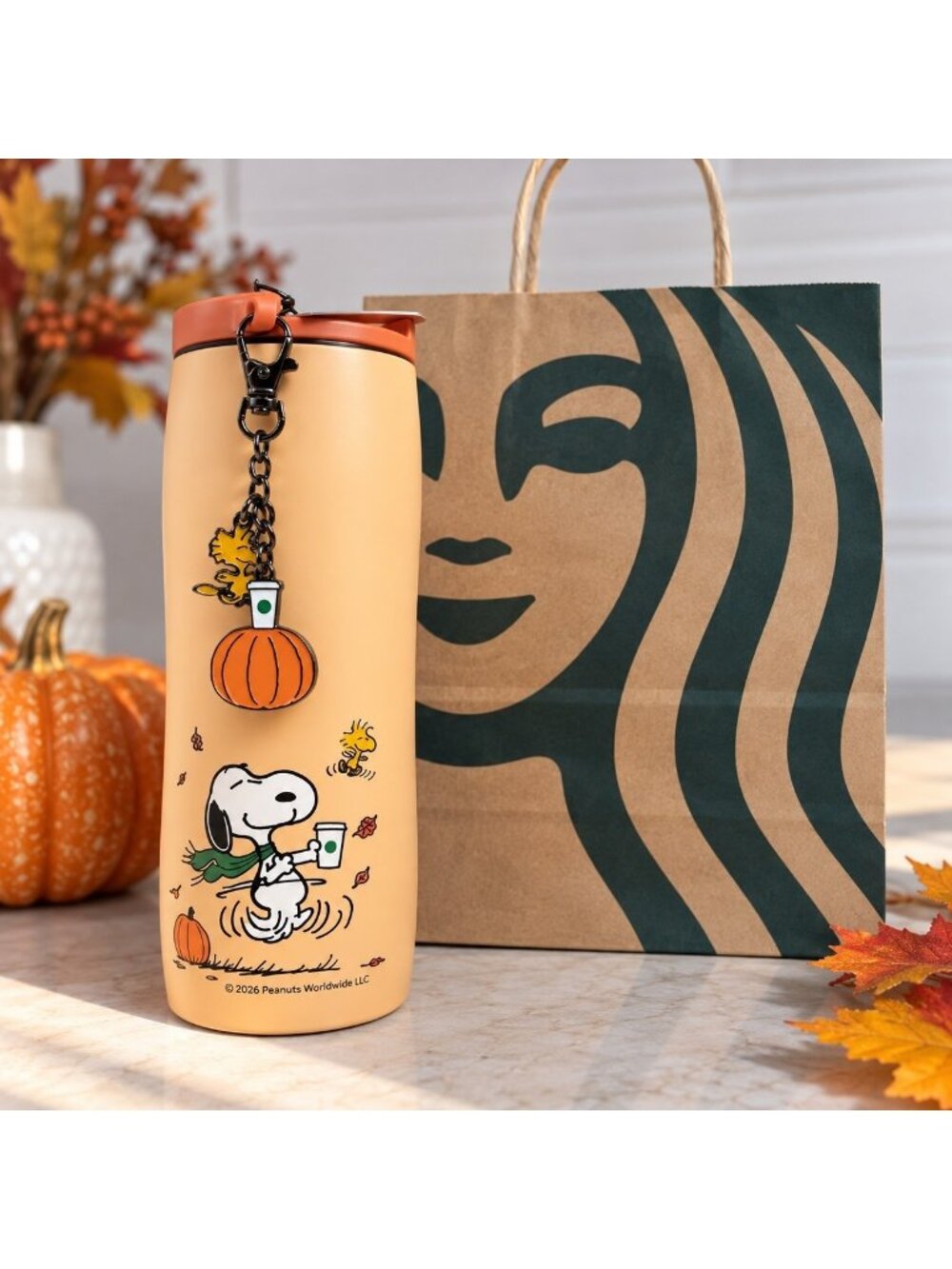 Starbucks Peanuts Snoopy Fall Tumbler Pumpkin Woodstock Charm 2026 NWT Orange